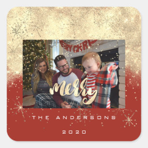 Pegatina Cuadrada Merry Christmas Red Gold Stars Spark Photo Name
