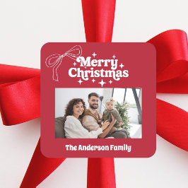 Pegatina Cuadrada Merry Christmas red hand-drawn bow retro photo