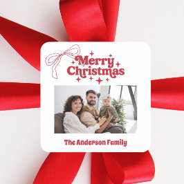 Pegatina Cuadrada Merry Christmas red hand-drawn bow retro photo