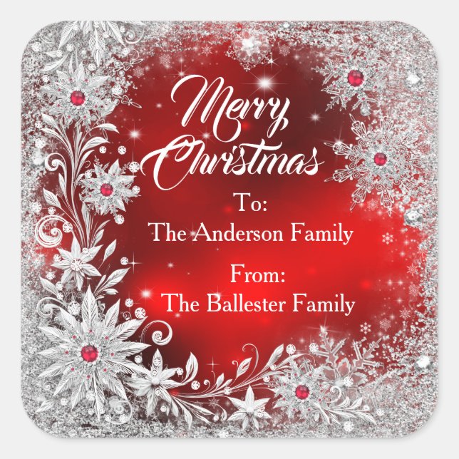 Pegatina Cuadrada Merry Christmas Red White snowflakes red gems  (Anverso)