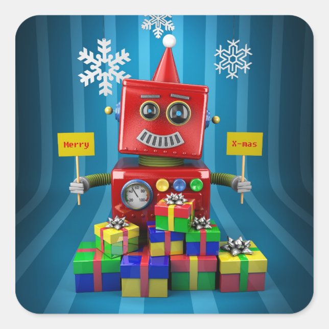 Pegatina Cuadrada Merry Christmas Robot (Anverso)