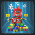 Pegatina Cuadrada Merry Christmas Robot<br><div class="desc">Pequeño robot vintage deseando a todos una feliz navidad. Con muchos regalos y copos de nieve en el fondo. Este es un ilustracion original en 3D de muy alta calidad. Personalizado disponible bajo petición. Simplemente contáctame para discutir detalles. ¡Gracias por pasar por aquí!</div>