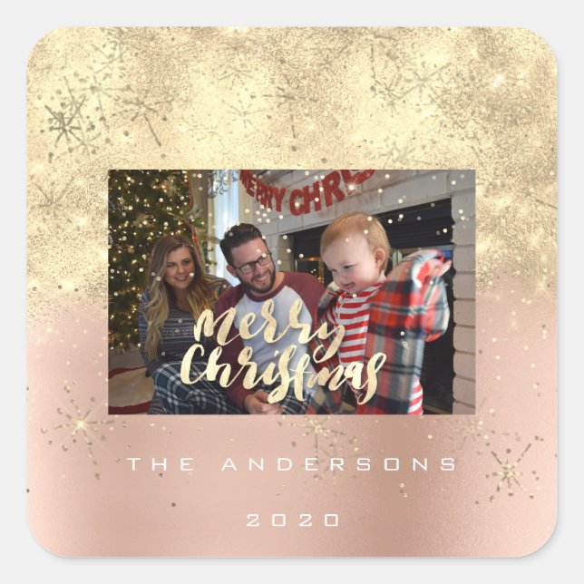 Pegatina Cuadrada Merry Christmas Rosa Gold Stars Spark Photo Name (Anverso)