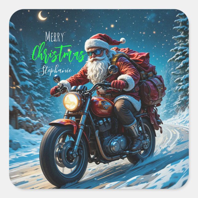 Pegatina Cuadrada Merry Christmas Santa Clause On Motorcycle (Anverso)
