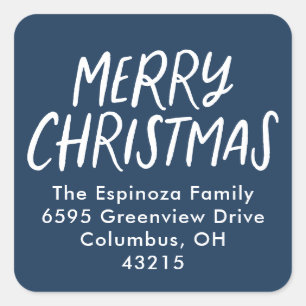 Pegatina Cuadrada Merry Christmas simple nacy blue return address