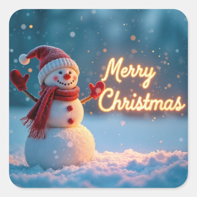 Pegatina Cuadrada Merry Christmas Snowman with Neon Sign (Anverso)