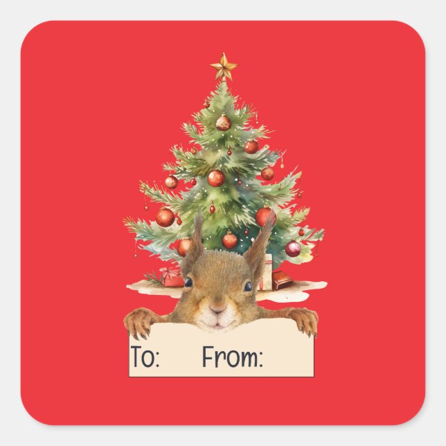 Pegatina Cuadrada Merry Christmas Squirrel Christmas Tree To From (Anverso)