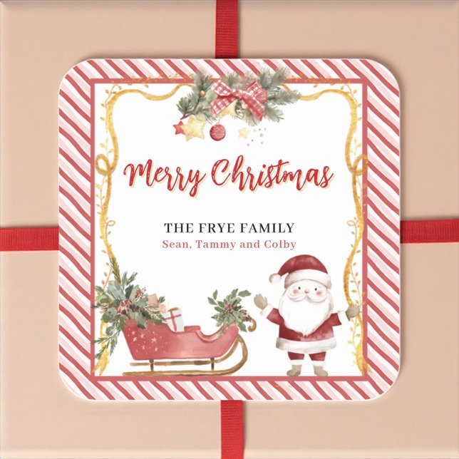 Pegatina Cuadrada Merry Christmas Stickers Santa Sleigh Custom Label (Watercolor Santa Christmas sticker for gifts and packaging)
