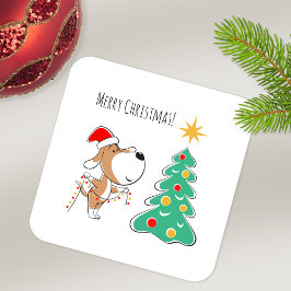 Pegatina Cuadrada Merry Christmas Tree Cupy Perro Santa Hat