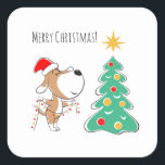 Pegatina Cuadrada Merry Christmas Tree Cupy Perro Santa Hat<br><div class="desc">Este Pegatina de Merry Christmas Square presenta un ilustracion de caricatura de adorables Cachorros en Santa hat preparándose para la celebración de los Navidades. Pequeño perrito es sostener luces de decoración tratando de averiguar el lugar para ellos en el árbol de Navidad. ¡Gran regalo de Navidad para el amante del...</div>