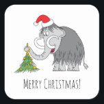 Pegatina Cuadrada Merry Christmas Tree Cute Mammoth Santa Hat<br><div class="desc">Este Pegatina de la Plaza ofrece un ilustracion personalizado del bonito mamut con un Sombrero de Santa y decorando el árbol de Navidad. La suave nevada agrega más espíritu Navidad.</div>