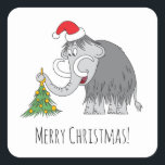 Pegatina Cuadrada Merry Christmas Tree Cute Mammoth Santa Hat<br><div class="desc">Este Pegatina de la Plaza ofrece un ilustracion personalizado del bonito mamut con un Sombrero de Santa y decorando el árbol de Navidad. La suave nevada agrega más espíritu Navidad.</div>