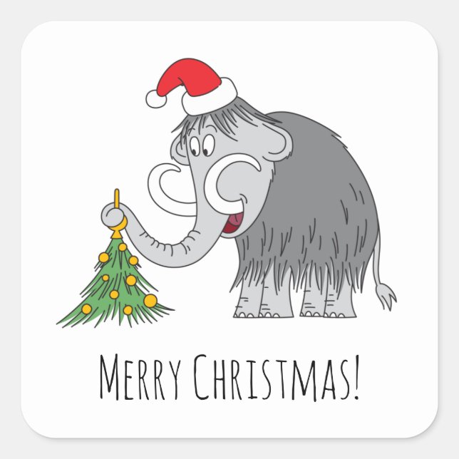 Pegatina Cuadrada Merry Christmas Tree Cute Mammoth Santa Hat (Anverso)