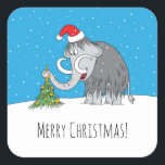 Pegatina Cuadrada Merry Christmas Tree Cute Mammoth Santa Hat<br><div class="desc">Este Pegatina de la Plaza ofrece un ilustracion personalizado del bonito mamut con un Sombrero de Santa y decorando el árbol de Navidad. La suave nevada agrega más espíritu Navidad.</div>