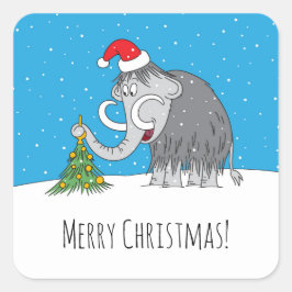 Pegatina Cuadrada Merry Christmas Tree Cute Mammoth Santa Hat
