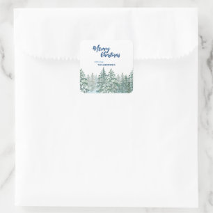 Pegatina Cuadrada Merry Christmas tree forest Watercolor script