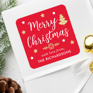 Pegatina Cuadrada Merry Christmas Tree Personalizado Family Name Red