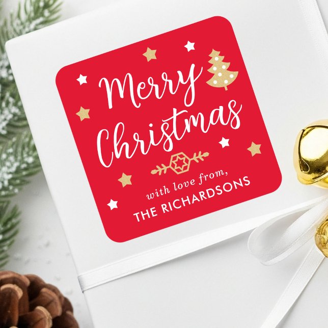 Pegatina Cuadrada Merry Christmas Tree Personalizado Family Name Red (Subido por el creador)