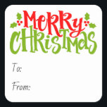 Pegatina Cuadrada Merry Christmas Typography Red Green Holly<br><div class="desc">Un diseño alegre con las palabras "Feliz Navidad" en un texto tipográfico rojo y verde con brotes de bayas rojas y azucaradas a ambos lados. Puede personalizar el texto editando los cuadros de texto y, a continuación, simplemente añada a un bolso de regalo. Hacer regalos a los Navidades dándoles diversión,...</div>