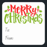 Pegatina Cuadrada Merry Christmas Typography Red Green Holly<br><div class="desc">Un diseño alegre con las palabras "Feliz Navidad" en un texto tipográfico rojo y verde con brotes de bayas rojas y azucaradas a ambos lados. Puede personalizar el texto editando los cuadros de texto y, a continuación, simplemente añada a un bolso de regalo. Hacer regalos a los Navidades dándoles diversión,...</div>