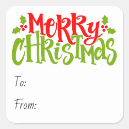 Pegatina Cuadrada Merry Christmas Typography Red Green Holly