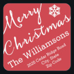 Pegatina Cuadrada Merry Christmas Typography Snowflake Simple<br><div class="desc">Este personalizado pegatina cuadrado de la tipografía roja de la Navidad Feliz Navidad presenta tipografía con letras de manos blancas que dice "Feliz Navidad" y está enredado en las esquinas. Personalizar con su nombre, dirección, ciudad, estado y código postal para convertirse en un lindo pegatina de correo o de empaquetado....</div>