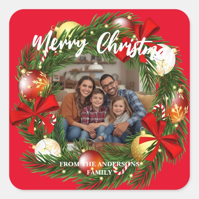 Pegatina Cuadrada Merry Christmas Wreath Photo Personalized Family N (Anverso)
