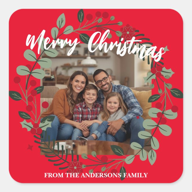 Pegatina Cuadrada Merry Christmas Wreath Photo Personalized Family N (Anverso)
