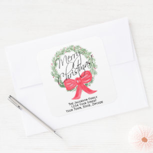 Pegatina Cuadrada Merry Christmas Wreath Return Address o Gift Tag