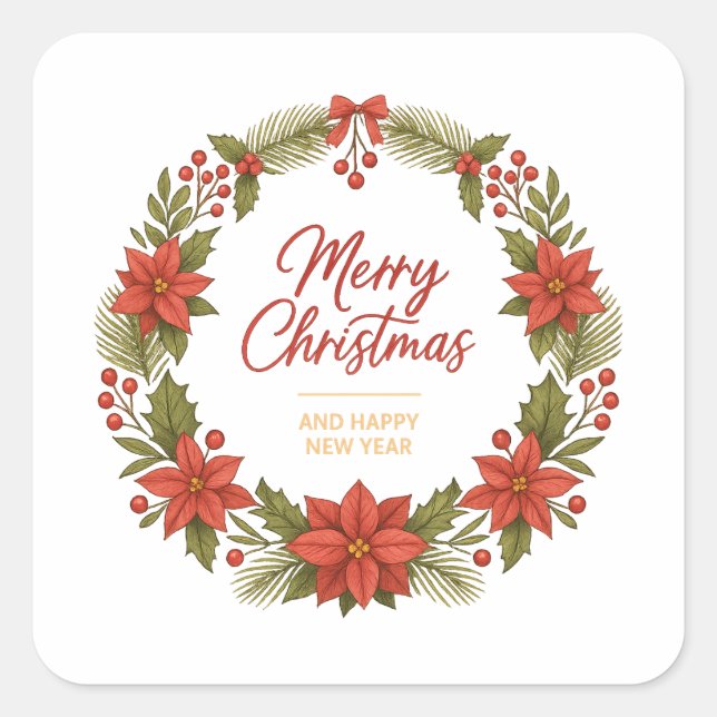 Pegatina Cuadrada Merry Christmas Wreath Sticker – Holiday  (Anverso)