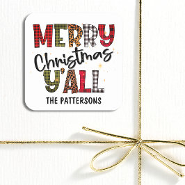 Pegatina Cuadrada Merry Christmas Y'all Tartan Leopard Print Name