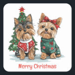 Pegatina Cuadrada Merry Christmas Yorkie Dogs<br><div class="desc">Ilustracion de Perros Terrier de Yorkshire listo para Navidades. Perfecto para los amantes de las mascotas y los padres de perros durante las vacaciones.</div>