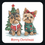 Pegatina Cuadrada Merry Christmas Yorkie Dogs<br><div class="desc">Ilustracion de Perros Terrier de Yorkshire listo para Navidades. Perfecto para los amantes de las mascotas y los padres de perros durante las vacaciones.</div>