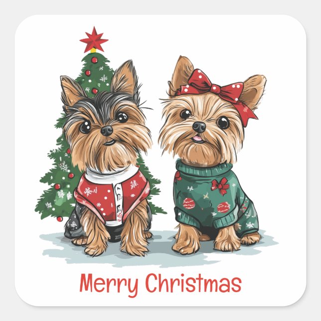 Pegatina Cuadrada Merry Christmas Yorkie Dogs (Anverso)