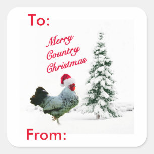 Pegatina Cuadrada Merry Country Navidades Chicken Santa Gift Etiquet