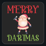 Pegatina Cuadrada Merry Dartmas - Merry Christmas Dart<br><div class="desc">You have a friend who love playing dart, and you need a cool design for dart enthusiasts. Then is this Santa Claus dart motif perfect for dart player for a nice Christmastime. It's a Merry Christmas design for people who throw a dart arrow to the dartboard and have a bullseye....</div>