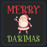 Pegatina Cuadrada Merry Dartmas - Merry Christmas Dart<br><div class="desc">You have a friend who love playing dart, and you need a cool design for dart enthusiasts. Then is this Santa Claus dart motif perfect for dart player for a nice Christmastime. It's a Merry Christmas design for people who throw a dart arrow to the dartboard and have a bullseye....</div>