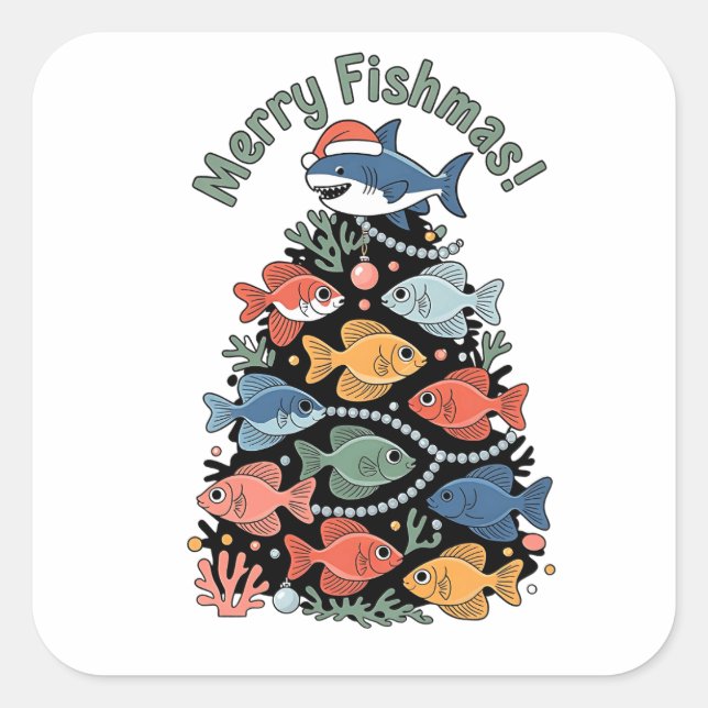 Pegatina Cuadrada Merry Fishmas Christmas Tree Fish Funny Fishing (Anverso)