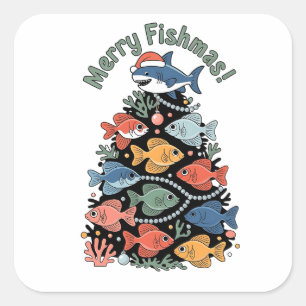 Pegatina Cuadrada Merry Fishmas Christmas Tree Fish Funny Fishing