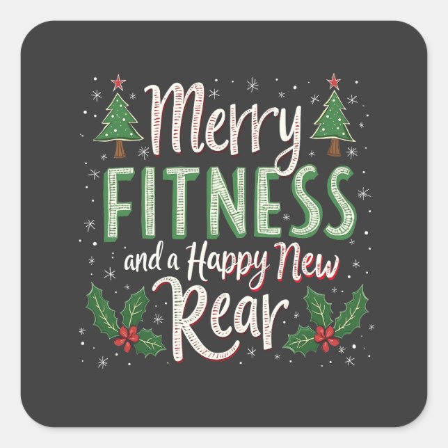 Pegatina Cuadrada Merry Fitness y Feliz Nueva Navidad de Construcció (Anverso)