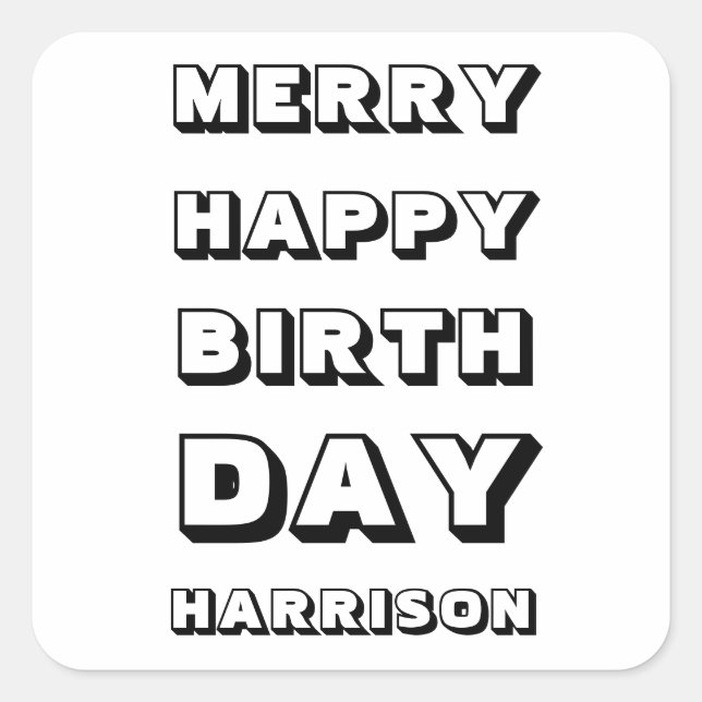 Pegatina Cuadrada Merry Happy Birthday nombre personalizado Navidade (Anverso)