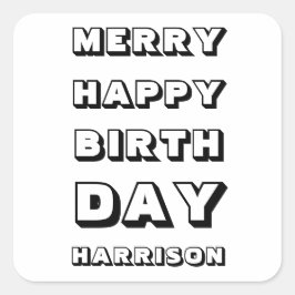Pegatina Cuadrada Merry Happy Birthday nombre personalizado Navidade