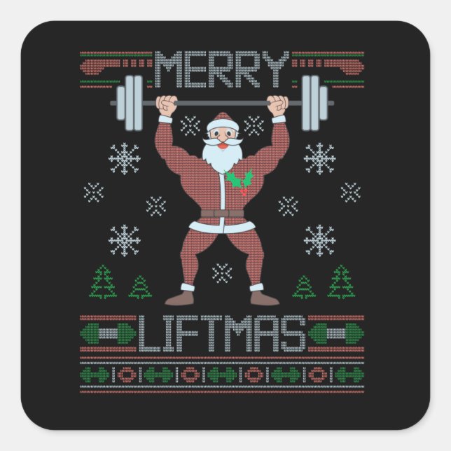 Pegatina Cuadrada Merry Liftmas Navidades feos entrenamiento de gimn (Anverso)