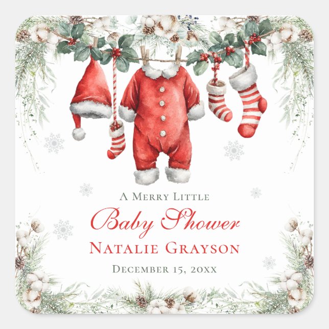 Pegatina Cuadrada Merry Little Baby Shower Santa Clothesline (Anverso)