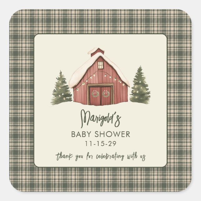 Pegatina Cuadrada Merry Little Christmas Rustic Baby Shower  (Anverso)