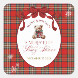 Pegatina Cuadrada Merry Little Red Bow Christmas Plaid
