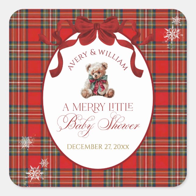Pegatina Cuadrada Merry Little Red Bow Christmas Plaid  (Anverso)