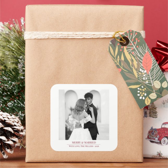 Pegatina Cuadrada Merry & Married - Personalized Newlywed Christmas  (Vacaciones)