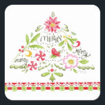 Pegatina Cuadrada Merry Merry Merry Christmas Tree Pegatinas<br><div class="desc">¡Desearía a todos muchos buenos deseos con estos alegres y alegres pegatinas de árboles de Navidad! Diversión para todas las edades con verduras de invierno, poinsettia, rosa y un pequeño pájaro rojo para ofrecer el placer por las vacaciones. Terminado con un borde rojo y verde, este es un gran acento...</div>