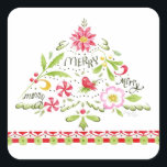 Pegatina Cuadrada Merry Merry Merry Christmas Tree Pegatinas<br><div class="desc">¡Desearía a todos muchos buenos deseos con estos alegres y alegres pegatinas de árboles de Navidad! Diversión para todas las edades con verduras de invierno, poinsettia, rosa y un pequeño pájaro rojo para ofrecer el placer por las vacaciones. Terminado con un borde rojo y verde, este es un gran acento...</div>